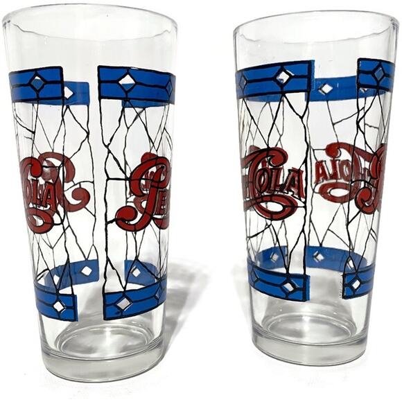 VTG Pepsi Cola Drinking Glasses Tiffany Style 1970s Stained Glass 12oz Lot of 2 - Picture 6 of 6